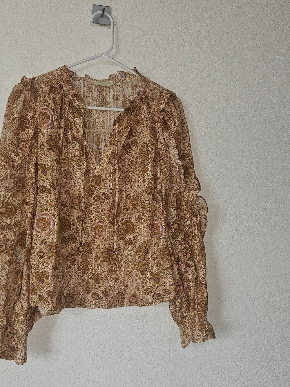 Ulla Johnson Floral Boho Peasant Blouse Size 4 Ruffle Neck Long Sleeve Top